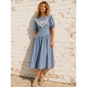 Vintage Maggie Lawrence Blue Floral Cotton Lace Collar‎ Prairie Midi Dress 11/12